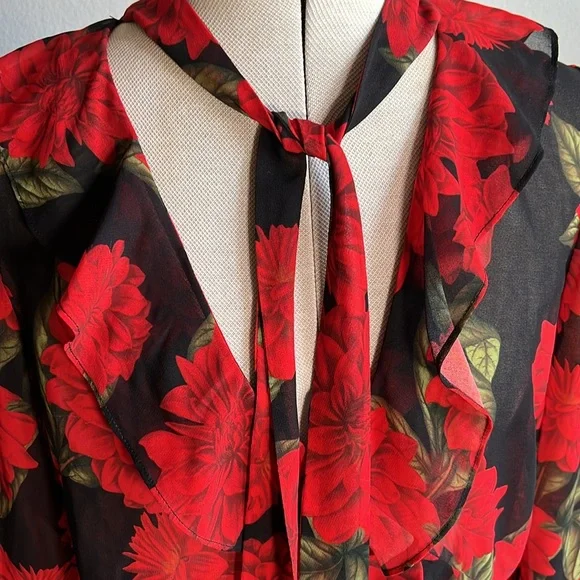 KEEPSAKE sheer red floral dark romance tie neck blouse - Picture 2 of 9